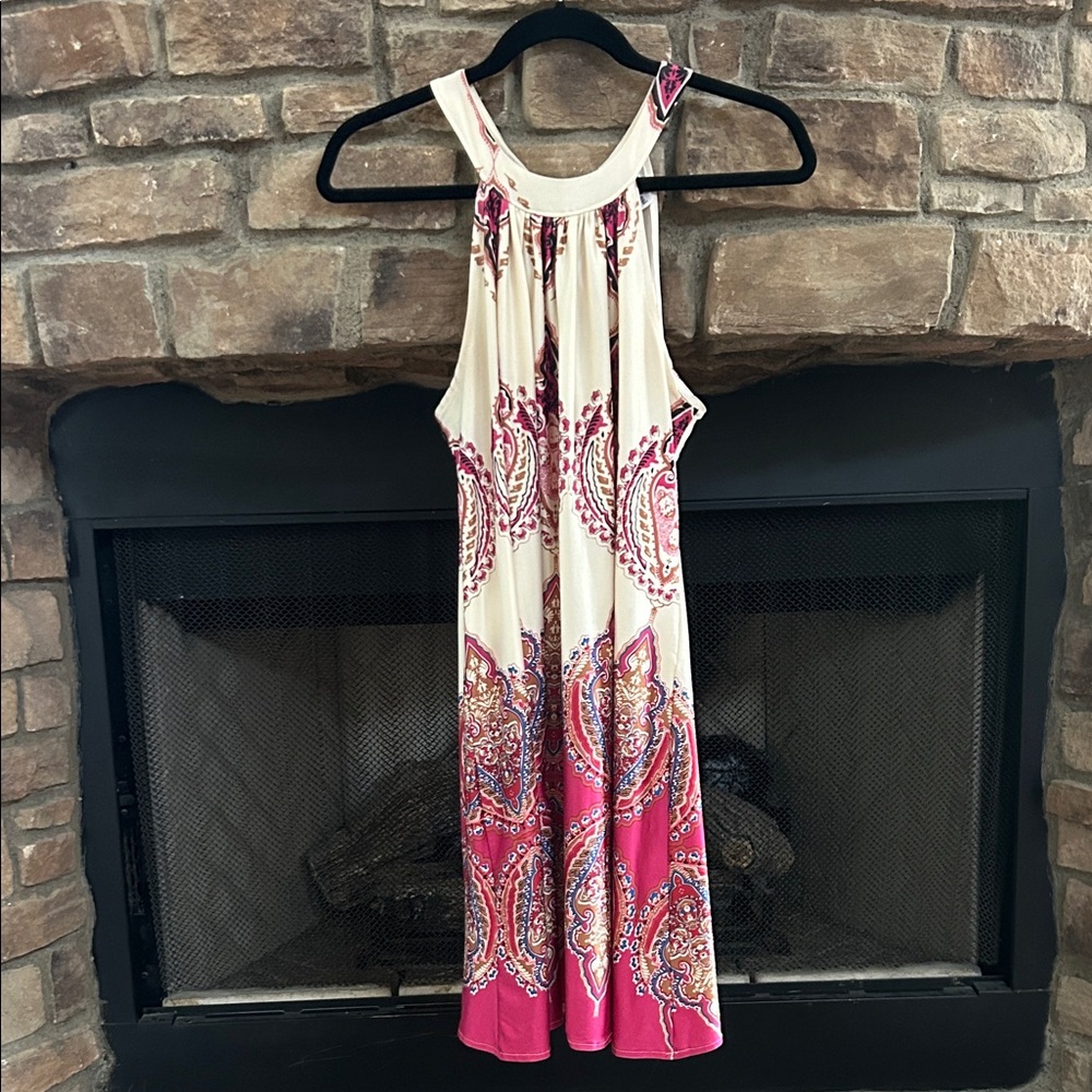 Pink and Cream Paisley Maxi Halter Dress. Medium